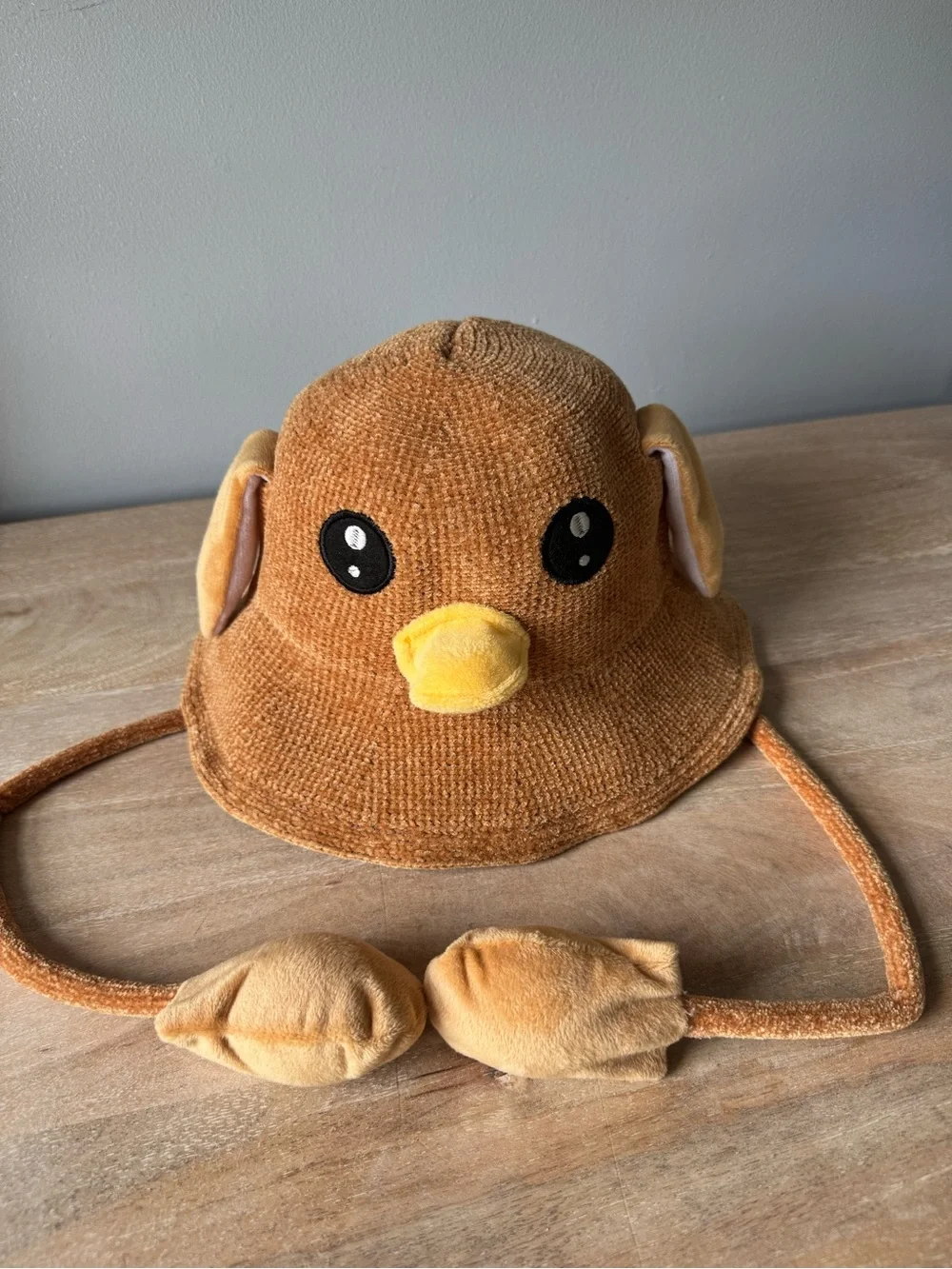 Children's Plush Duck Bucket Hat in Brown with Chin Strap